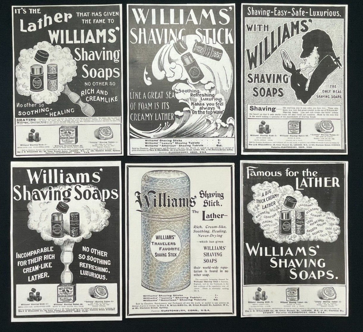 Set of 6 1897 Print Ads Williams Shaving Soap, Shaving Stick, Edwardian Grooming