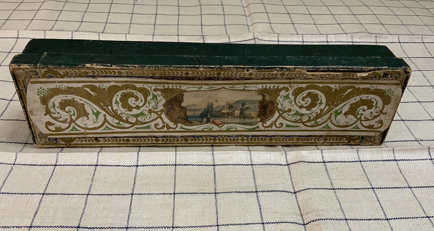 Antique Box, 1850’s, Rectangle, Taffeta Paper Sides, Embossed Engraved Lid