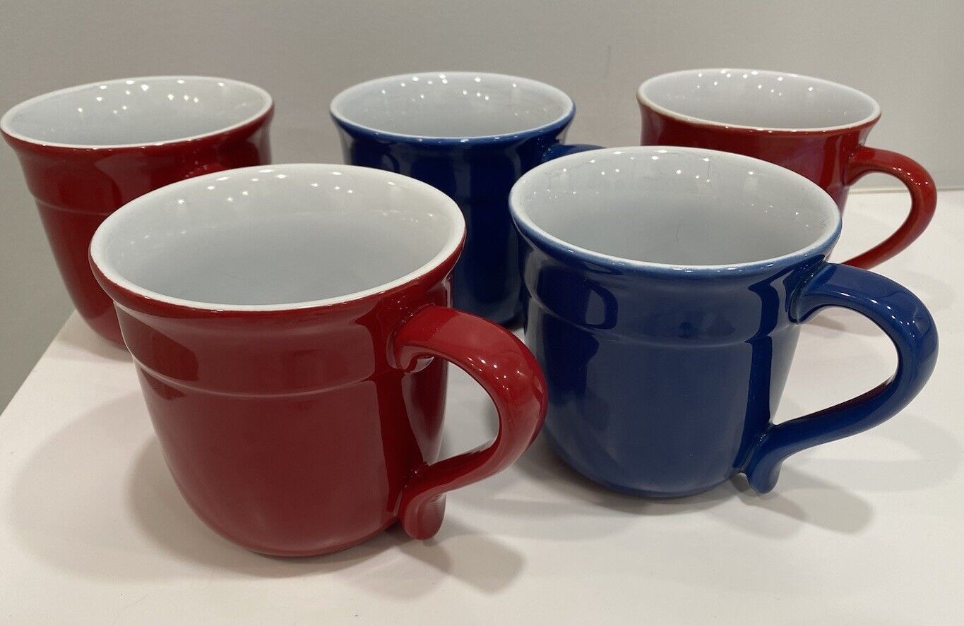 Emile Henry France Mug cups Red Blue 14oz Set 5 MODELE DEPOSE 87.14 Vintage Rare