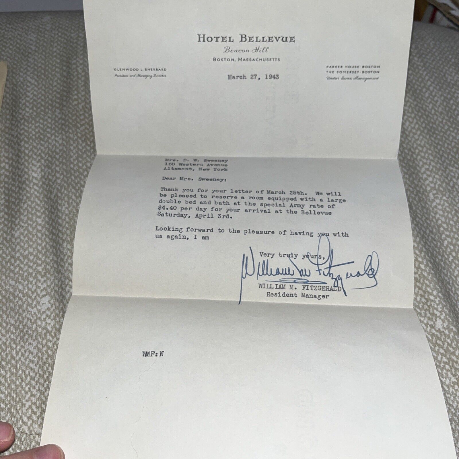 1943 Signed Letter Hotel Bellevue Beacon Hill Boston MA Massachusetts Army Rate