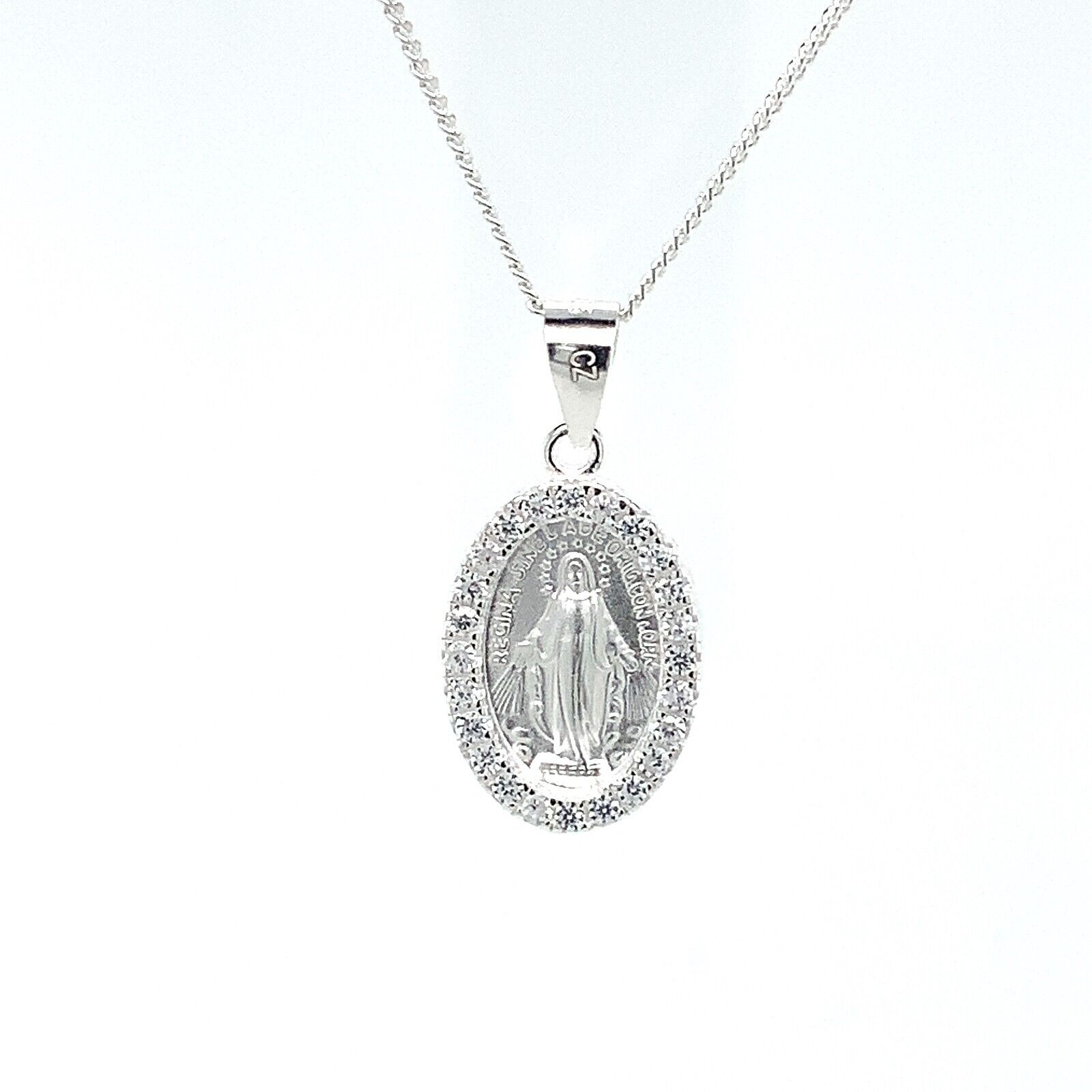 Miraculous Medal Sterling Silver Virgin Mary Pendent Necklace cz set Catholic