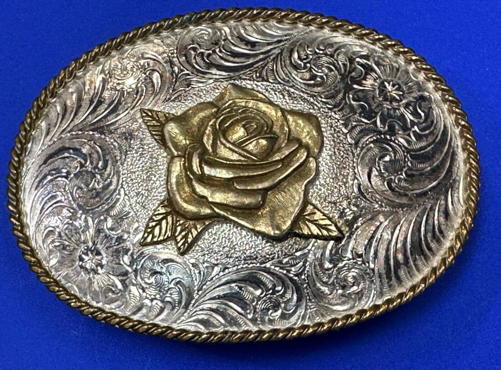 Beautiful Rose - vintage two tone ornate flower swirl western belt buckle by ADM