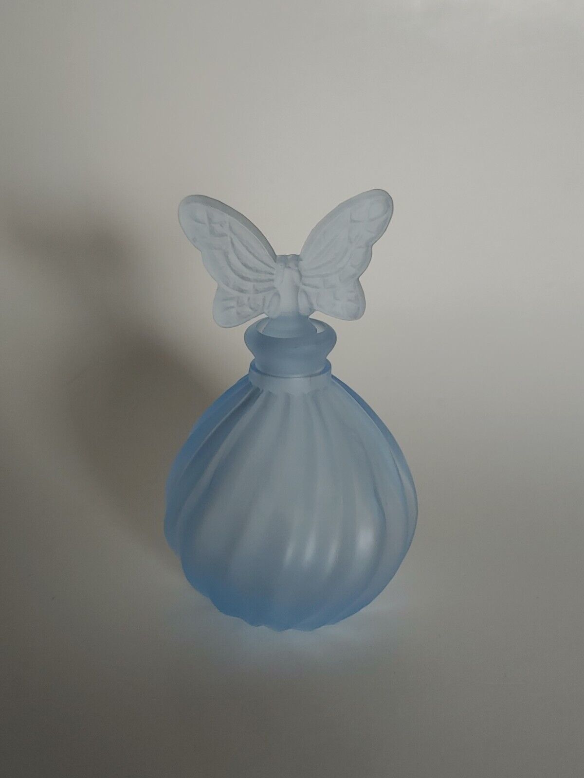 Vintage Butterfly Perfume Bottle Light Blue Frosted Glass Swirl Round Small