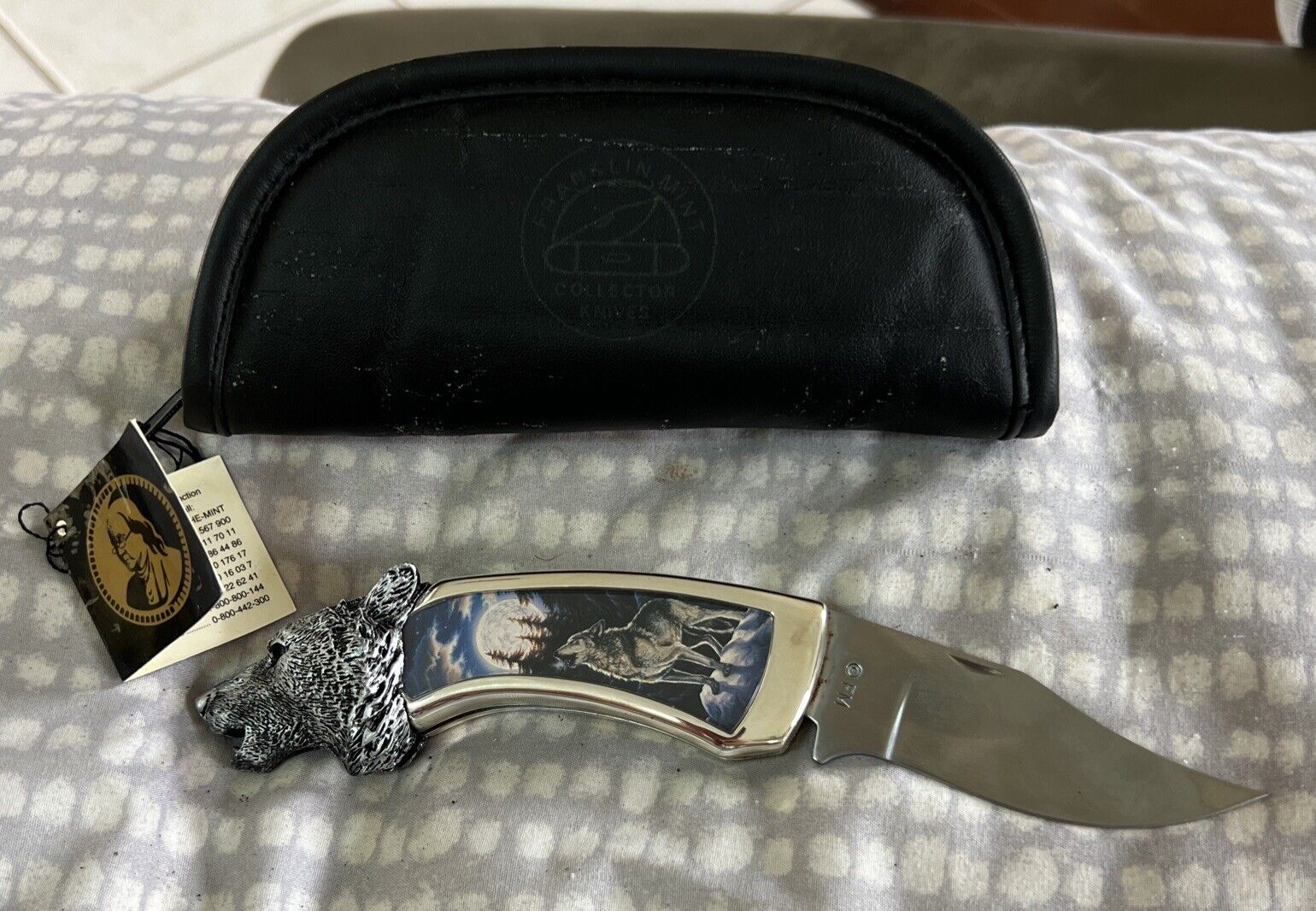 Franklin Mint Native American Wolf Head Pocket Knife With Case
