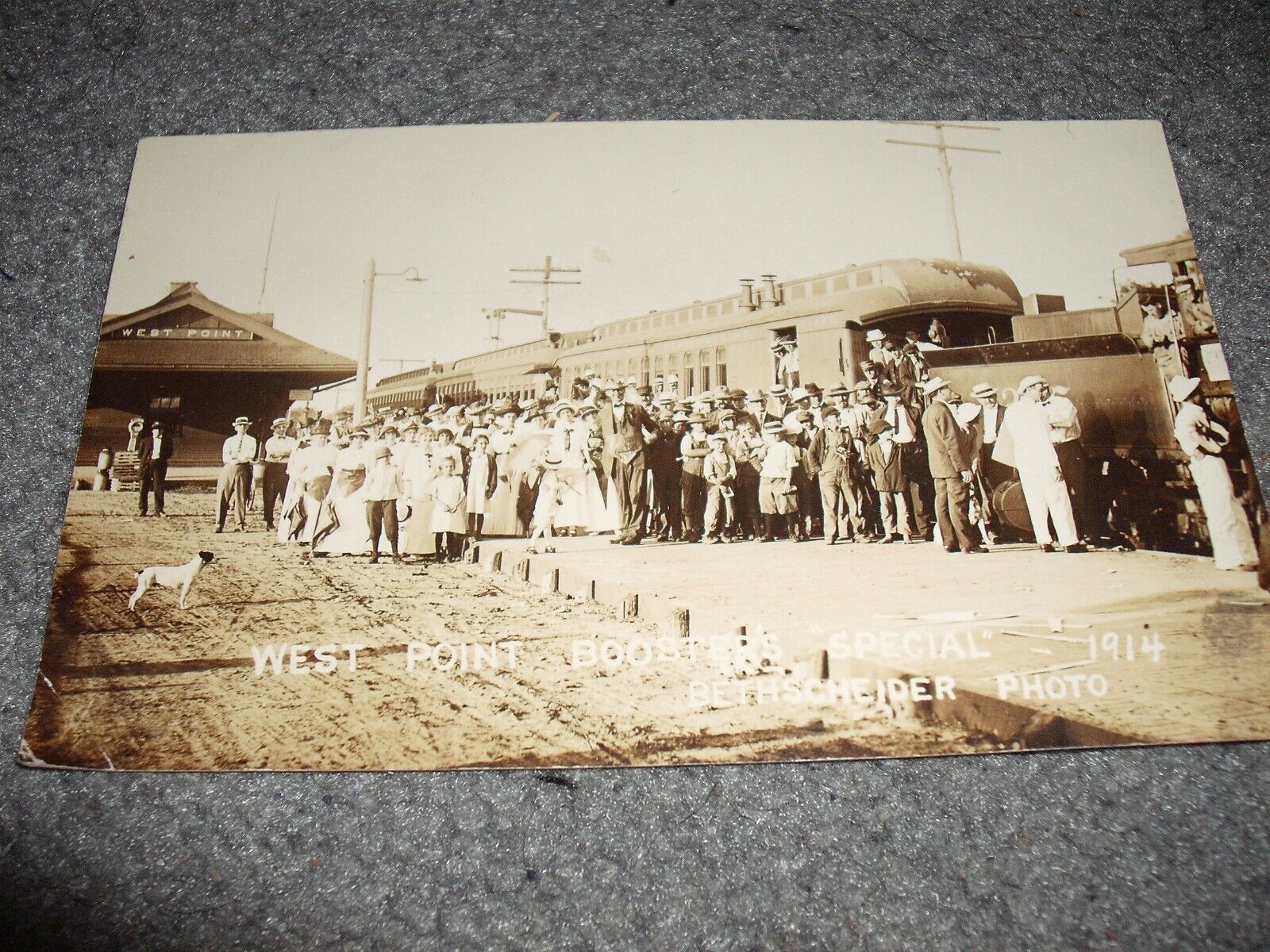 1914 Real Photo postcard West Point NY Boosters at West Point RR Station.