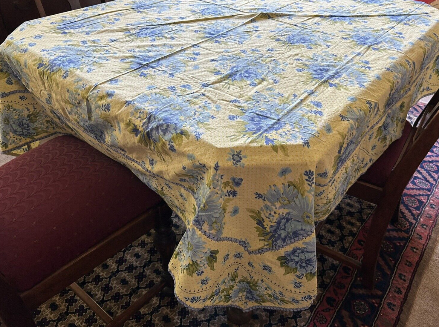 Vintage April Cornell Tablecloth French Country Blue Yellow Floral Cottage 80x60
