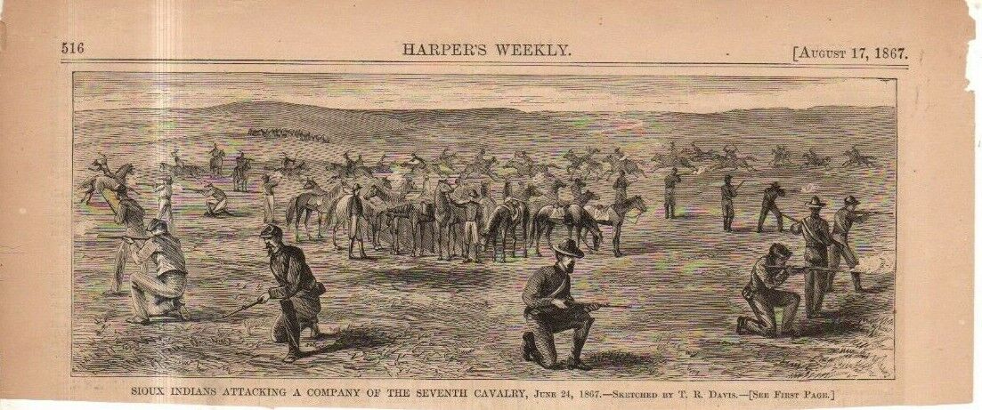 1867 Harpers Weekly August 17 original print - Sioux indians attack 7th Cavalry