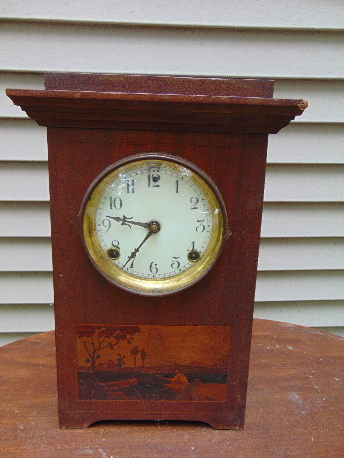 Antique Sessions Inlaid Fishing Scene 8 Day Mantel Clock -Runs Fine