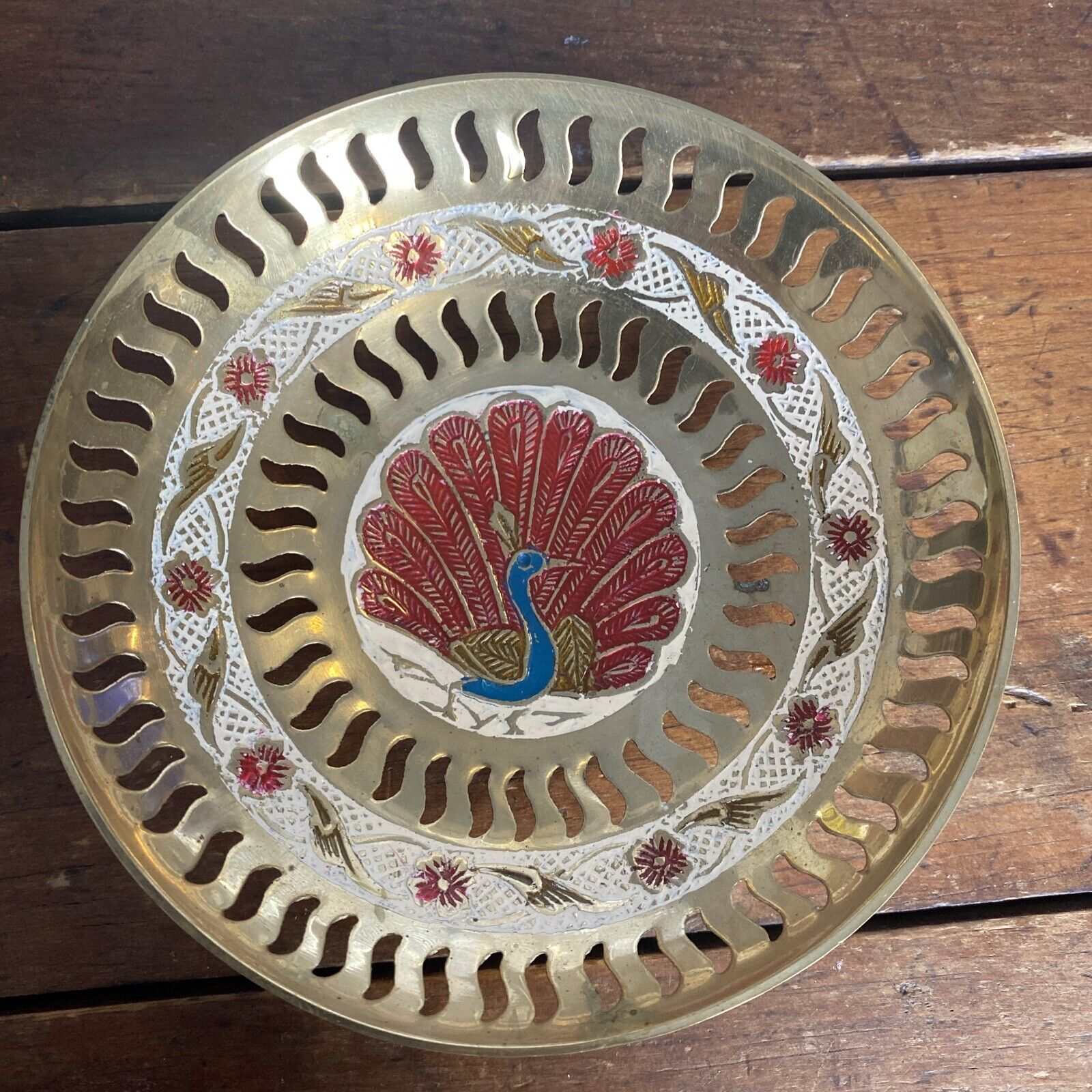 Vintage Brass Peacock Catch All Bowl - handmade India 1970s 70s pedestal dish