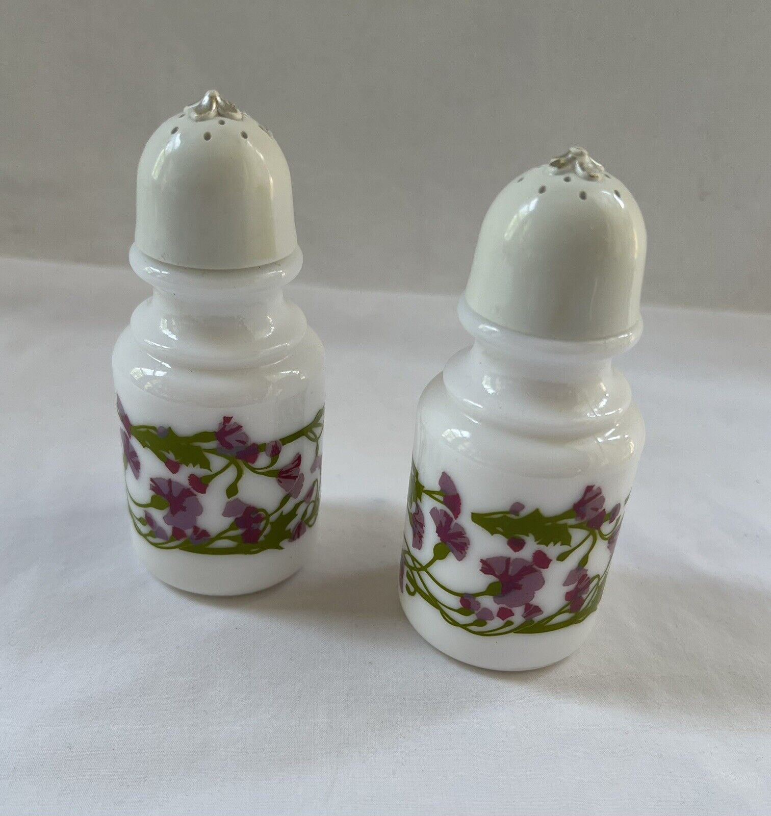 Vintage Milk Glass Salt Pepper Shakers Set Purple Flowers