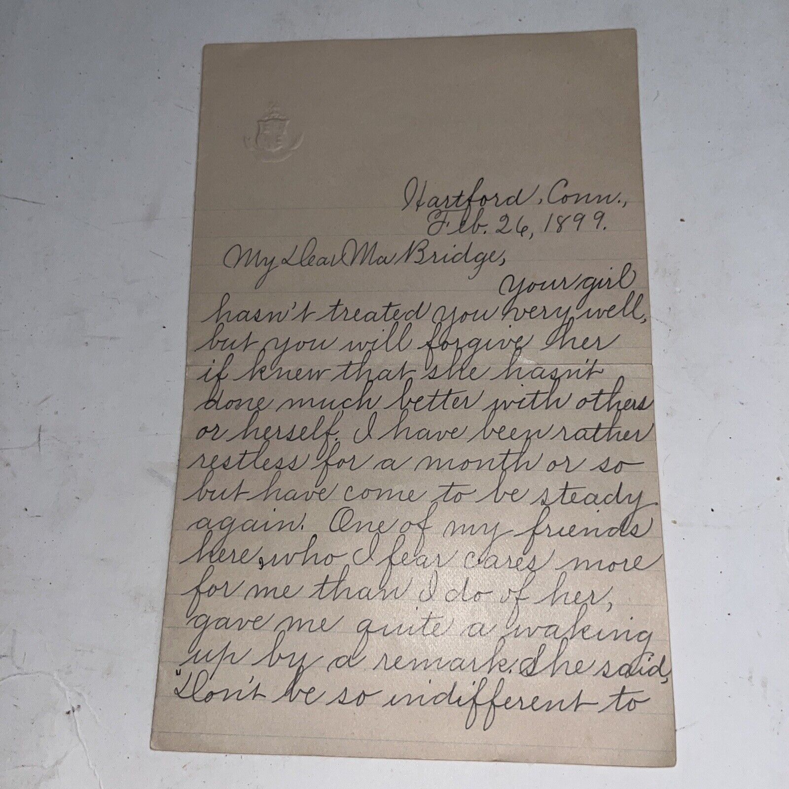 Antique 1899 Letter from Hartford, CT - Mentions Taking A Class At Chapel