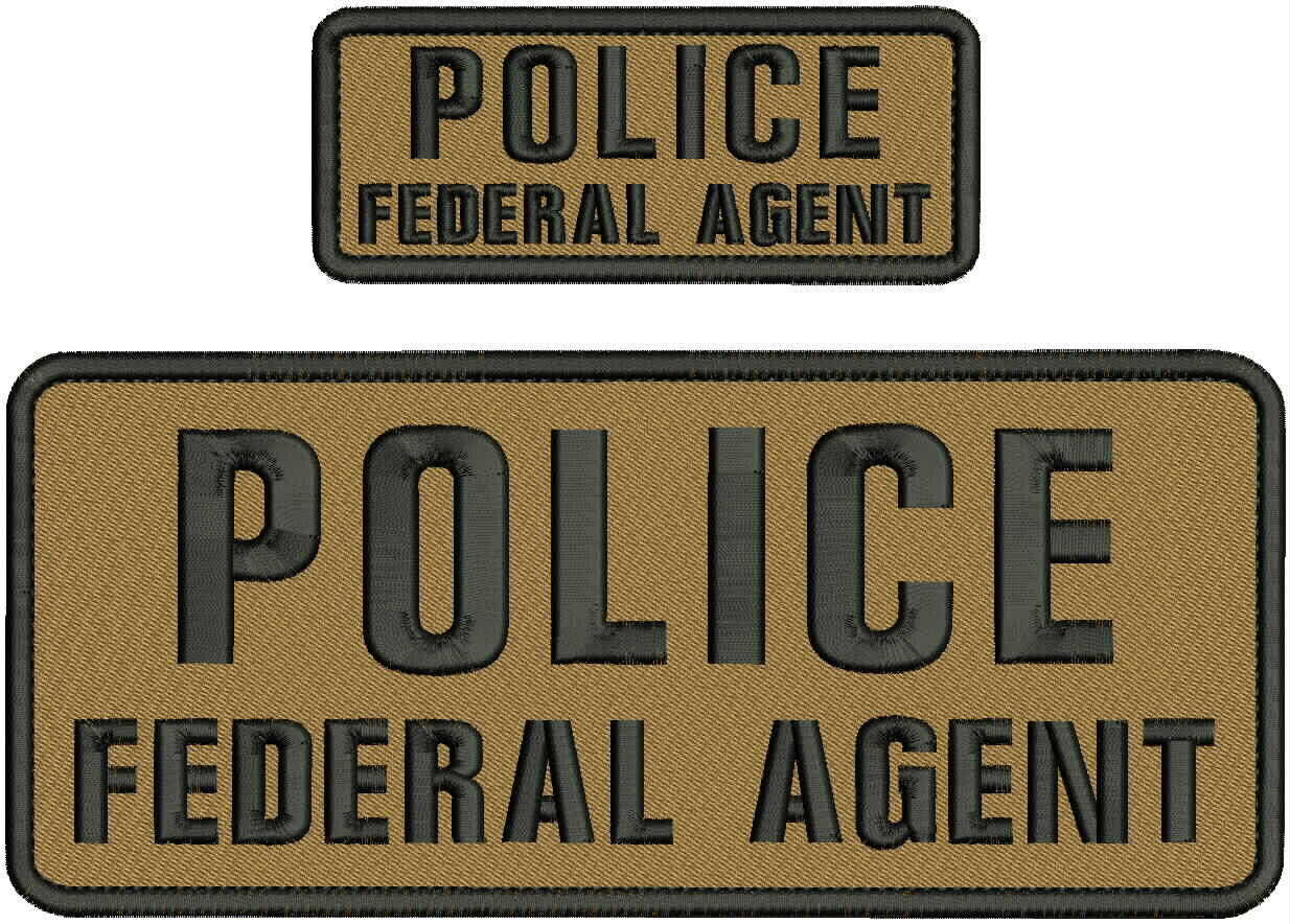 POLICE FEDERAL AGENT EMB PATCH 4X10 AND 2X5 HOOK ON BACK BLACK  ON COYOTE BROWN