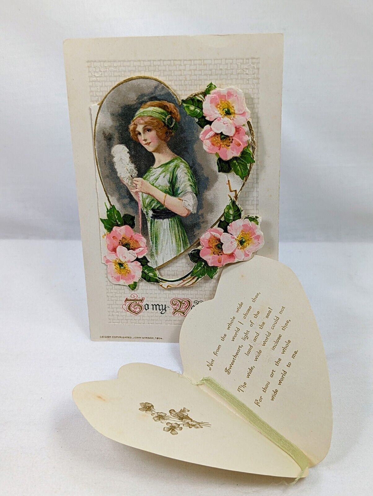 Diecut Embossed Appliqué Valentine Day Greetings Postcard SCHMUCKER WINSCH 1914 