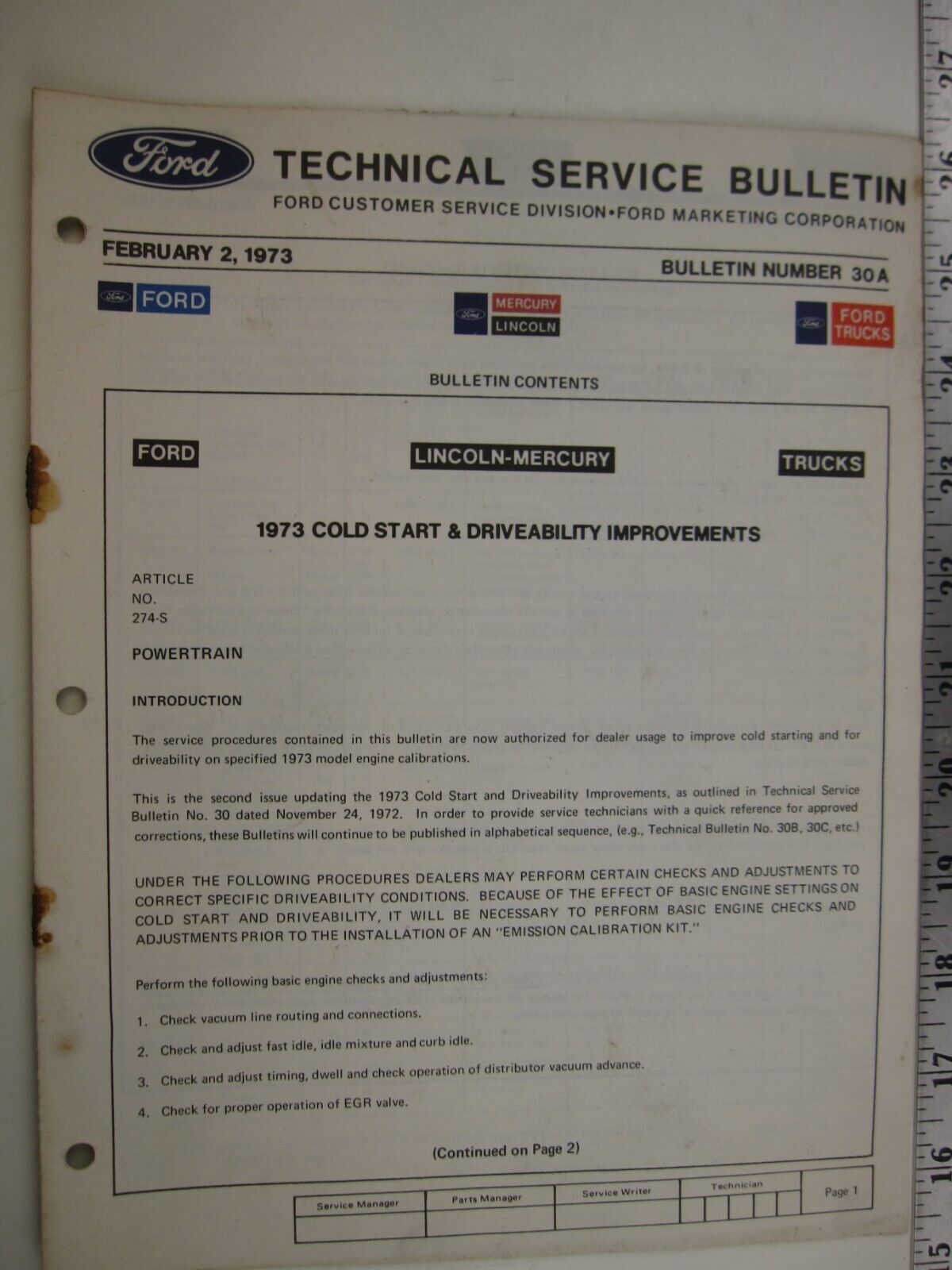 February 2, 1973 FORD Technical Service Bulletin Number 30A   BIS