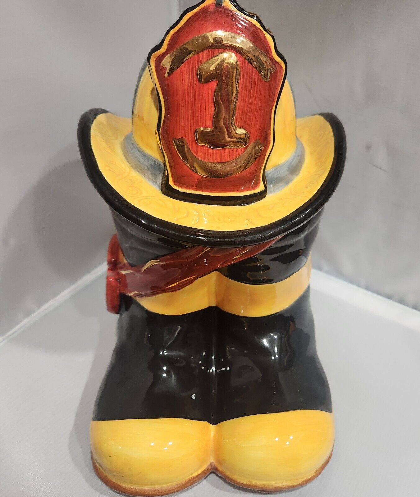 FIRE FIGHTER FIREMAN BOOTS & HAT CERAMIC COOKIE JAR Yellow Black Red 