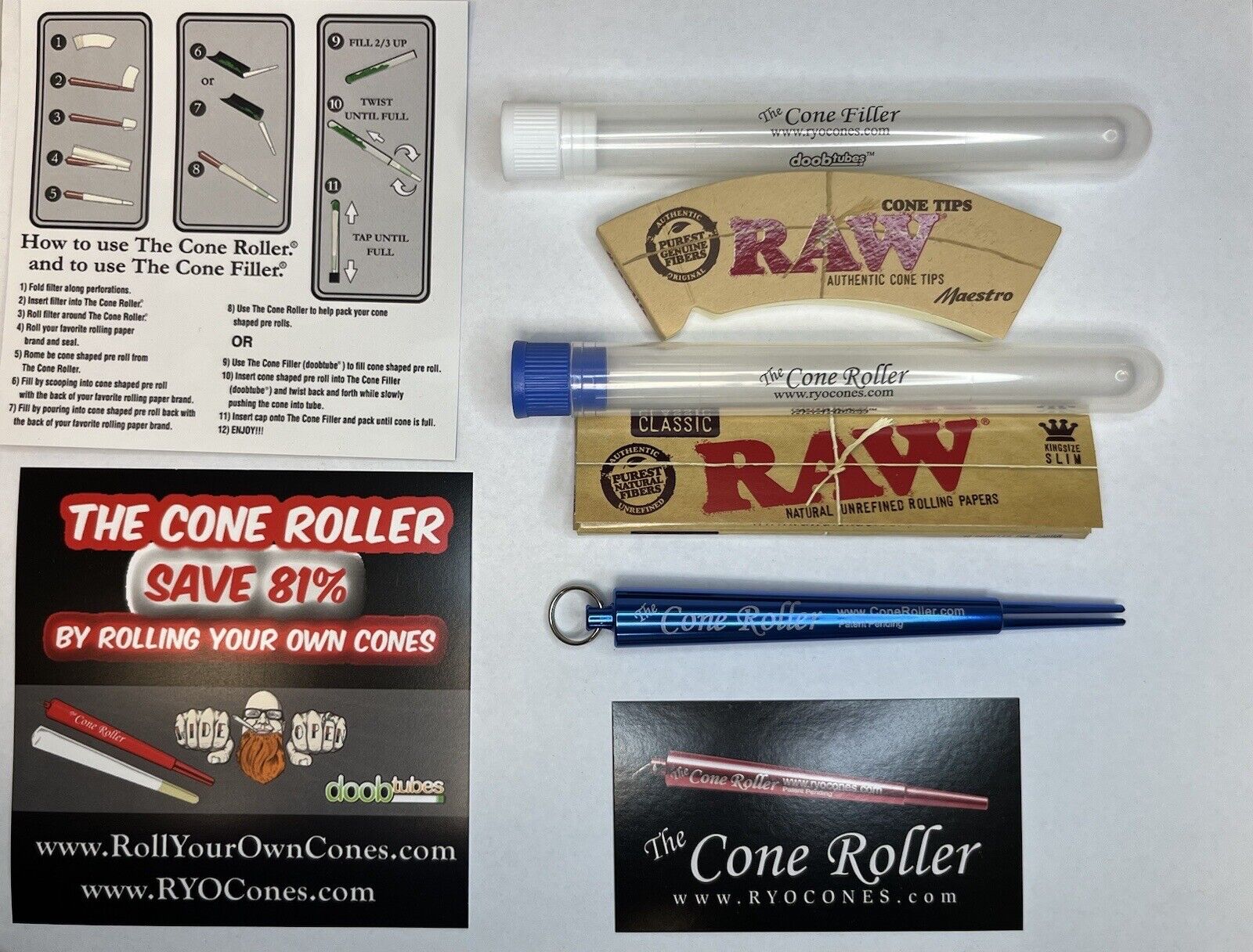 The Cone Roller With RAW Rolling Papers, Filters, Doobtubes, Cone Filler. Blue