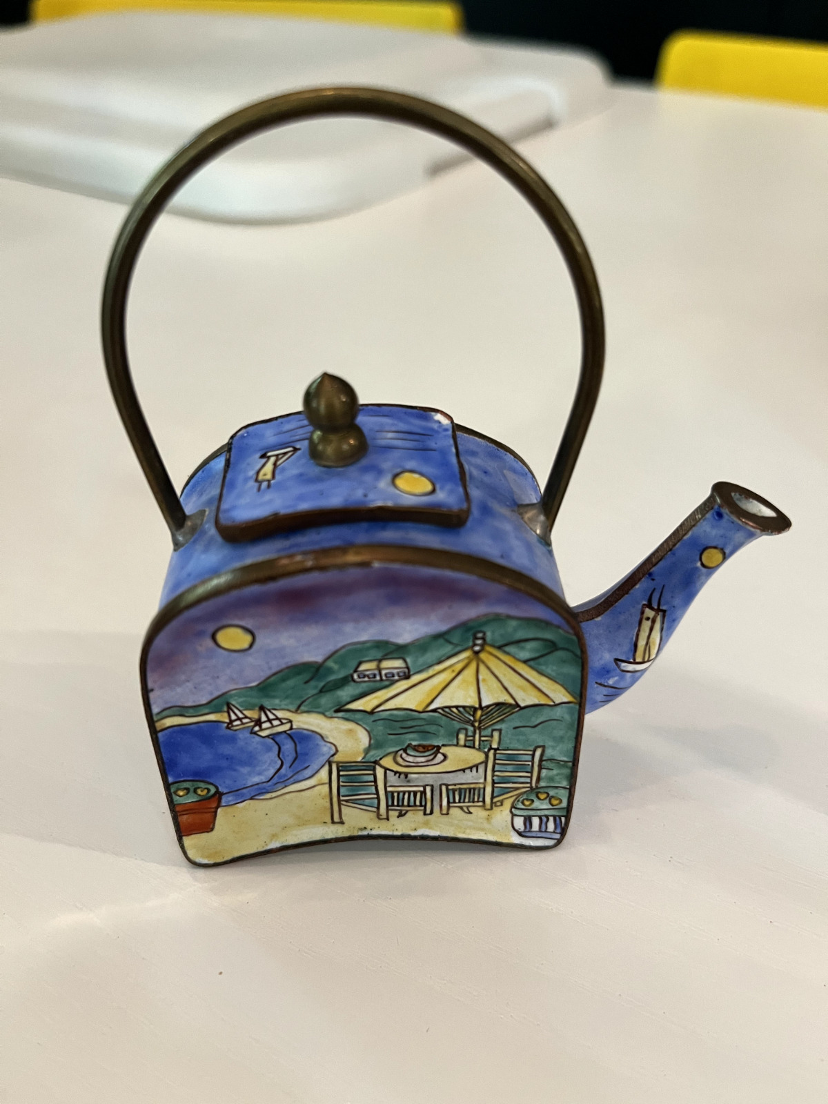 Vtg Empress Arts Enamel Brass Ocean Mountains Table Chair Mini Decorative Teapot
