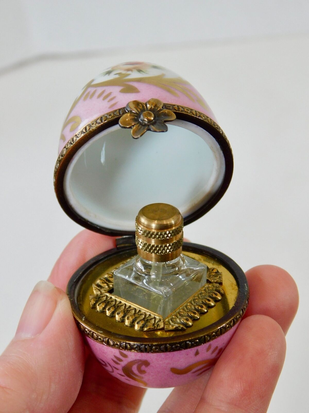 Vintage Limoges Peint Mein Egg w Perfume Bottle Trinket Box Pink Roses