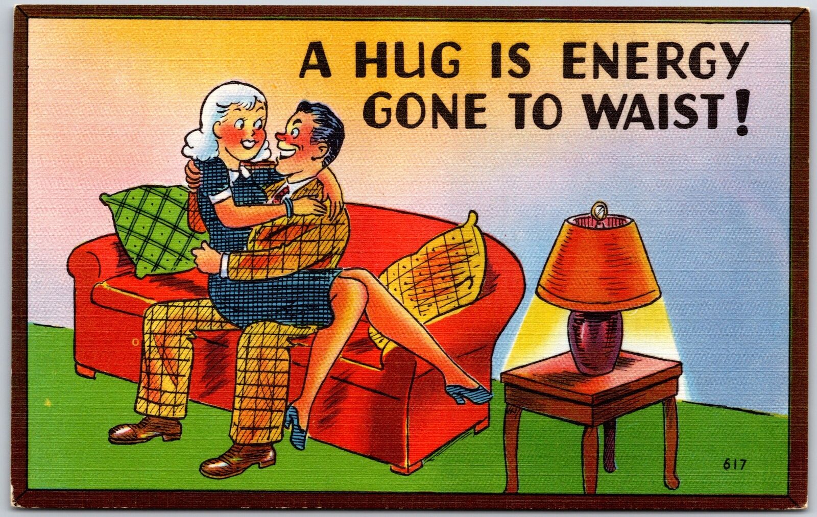 Lovers Cuddling on Couch Romance and Dating Comic Card Postcard