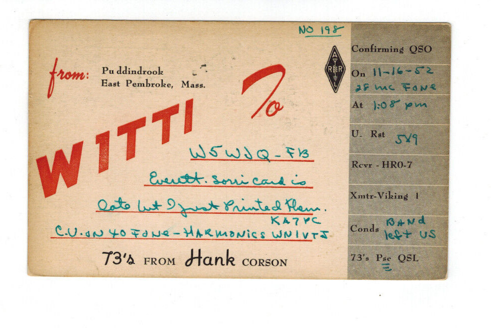Ham Radio Vintage QSL Card     W1TTI   1952   East Pembroke, Mass.