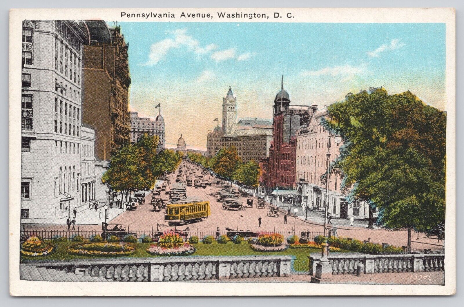 Postcard Washington DC Pennsylvania Avenue Scene with Streetcar and 1920s Cars