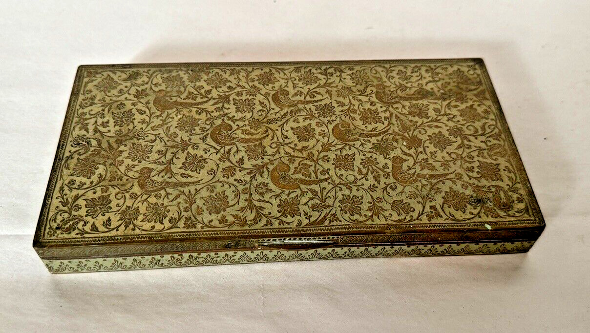 Antique Engraved Decorated Brass Wood Lined Cigarette Keepsake Box Bird Design