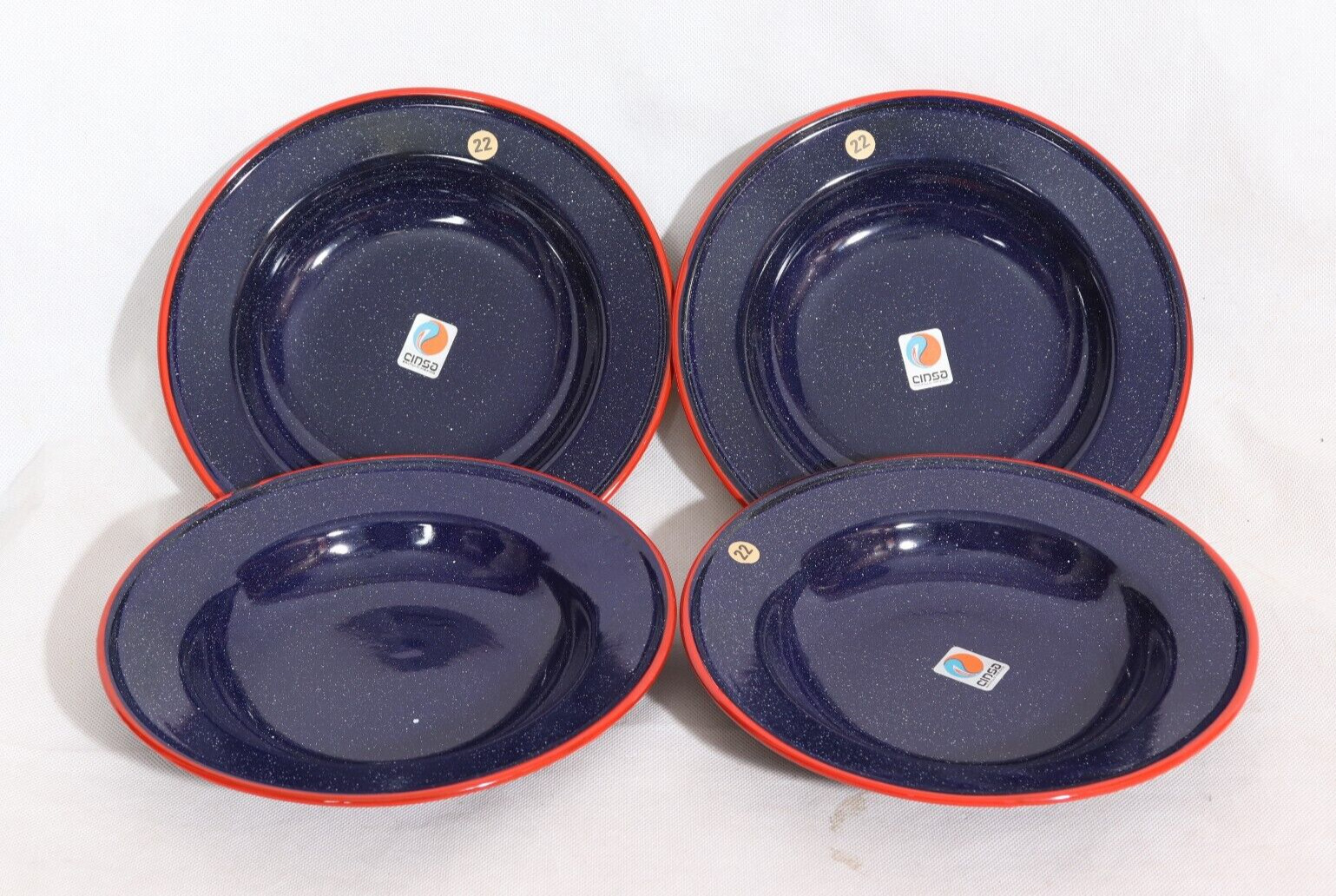 Blue Cinsa Mexico Enamelware Soup Plates Bowls Set of 3 NOS 1 Used 8.5''