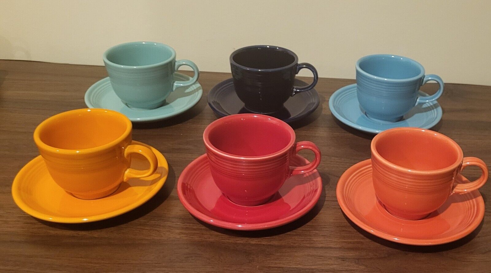 FIESTAWARE Set of 6 Fiesta Cups and Saucers Yellow Blue Red Orange 