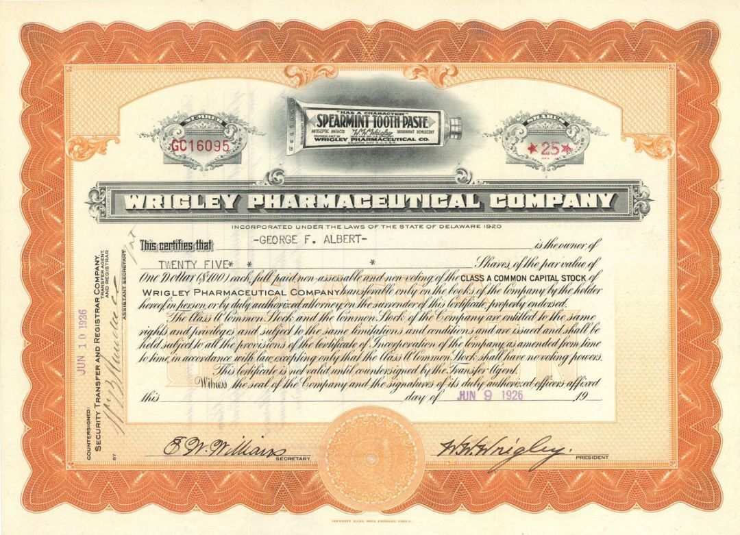 Wrigley Pharmaceutical Co. signed by W.W. Wrigley - \