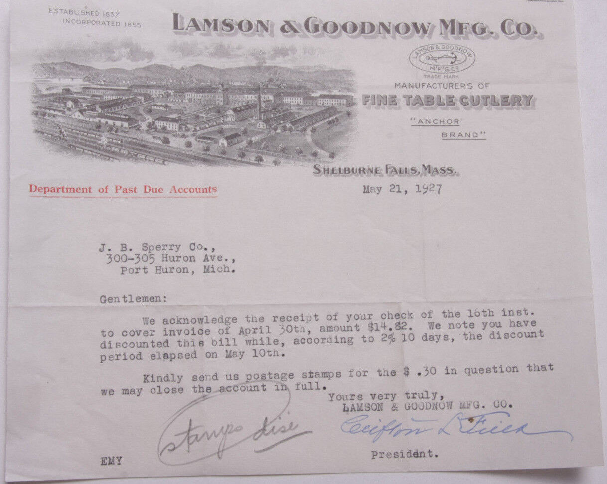 1927 Lamson Goodnow J B Sperry Co Port Huron MI Signed Ephemera L902G