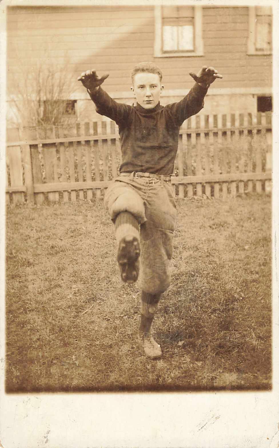 1910s RPPC Football Kicking Pose Young Kid Action Shot Real Photo Postcard RARE