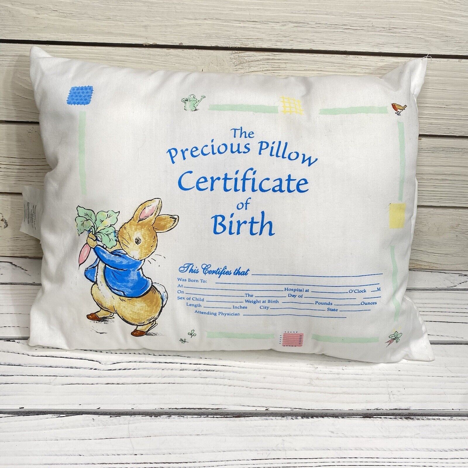Peter Rabbit Birth Certificate Nursery Baby Pillow Keepsake Lovey Gift Vintage