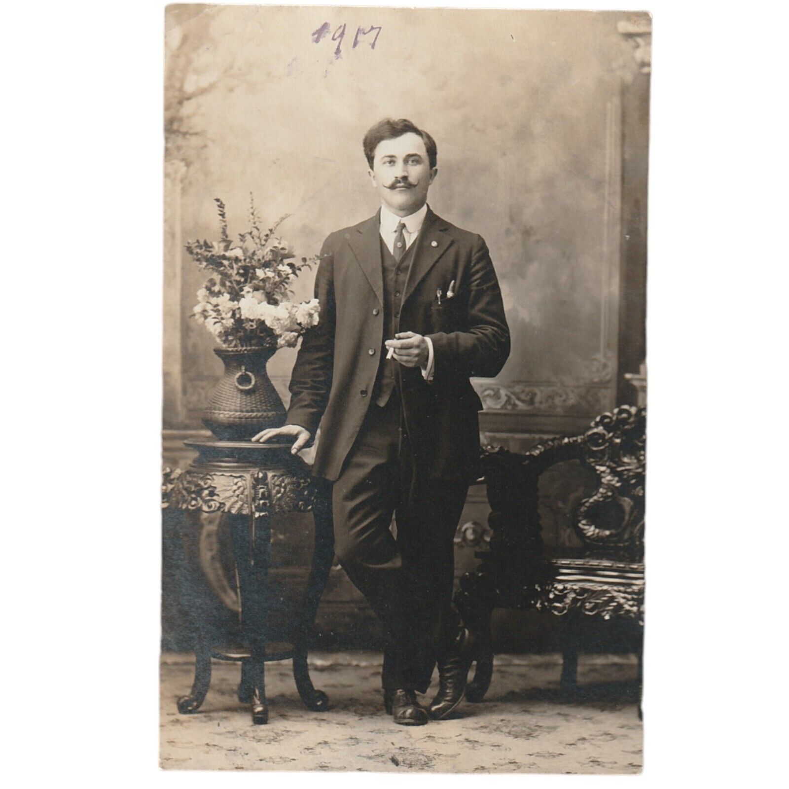 Elegant Man With Plant Stand Rppc Postcard 1907