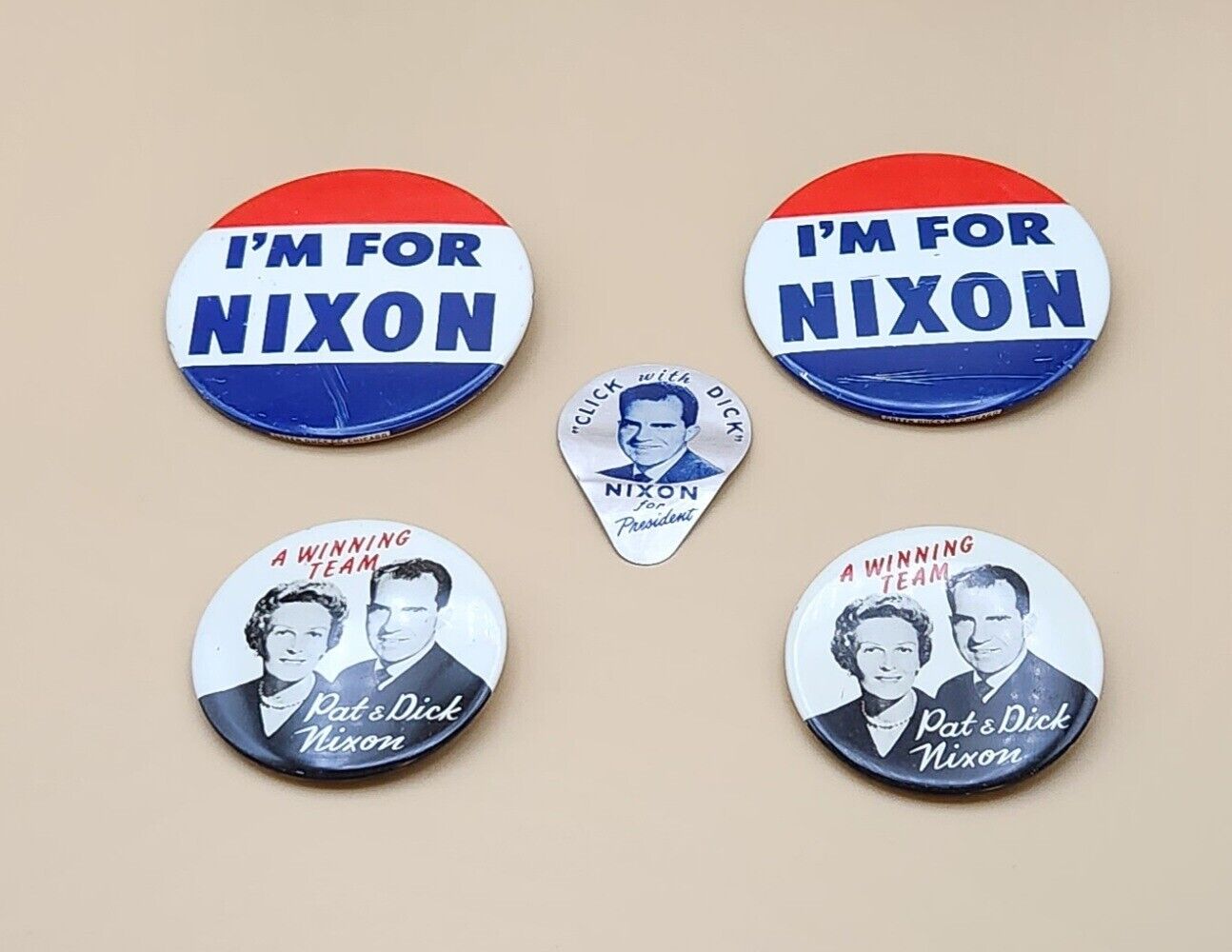 5 VTG items: I\'m for Nixon (2) & A Winning Team (2) Buttons, 1 Click with Dick