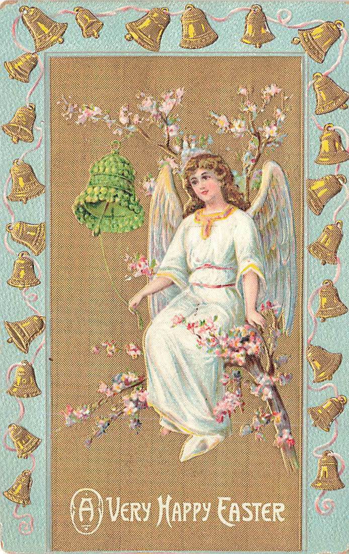 c1910 Angel Seated In Tree Gold Bell Border Easter Germany P163
