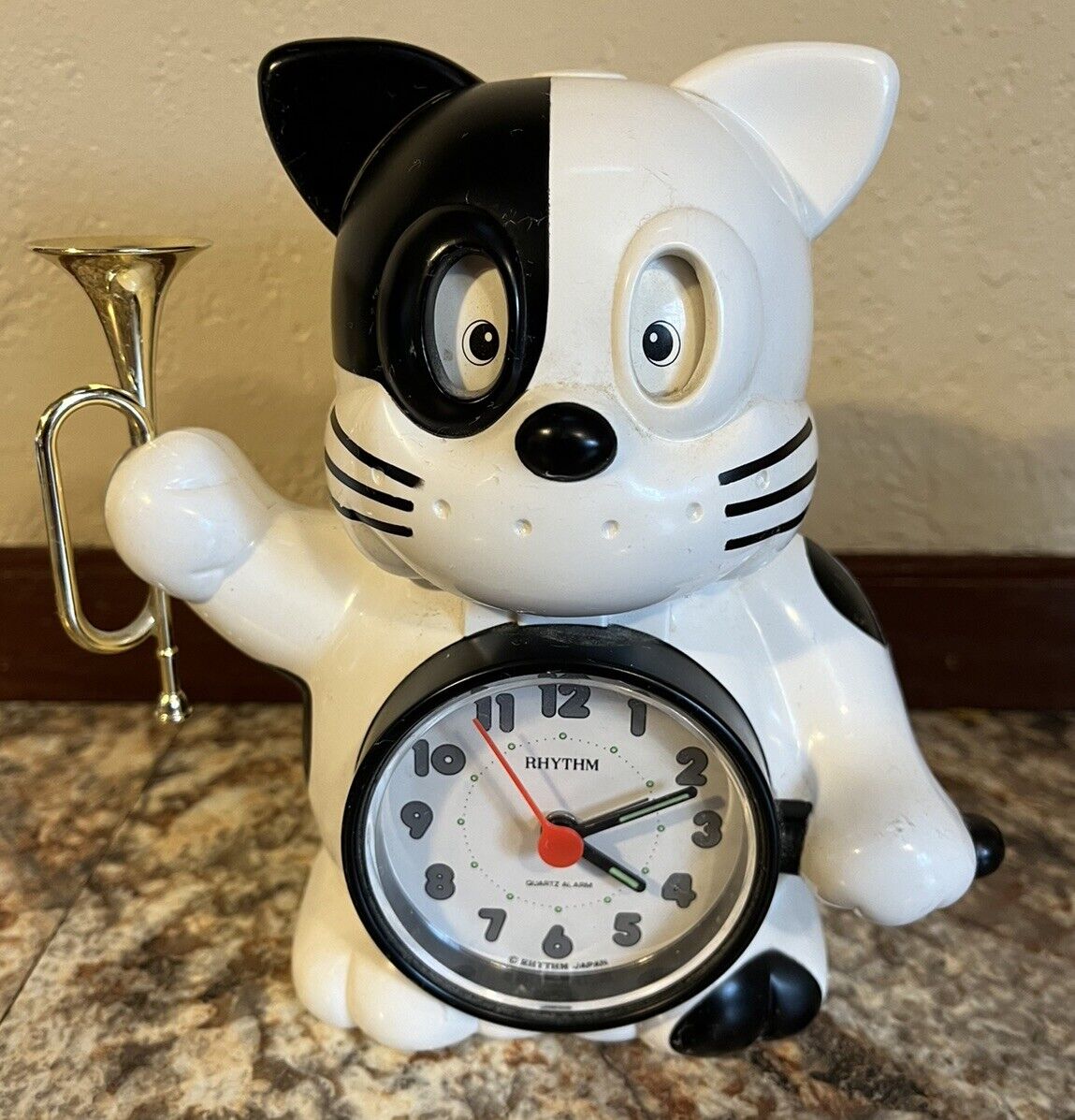 Rhythm Bugle Rise & Shine Cat Talking Alarm Clock VTG Japan (Untested)