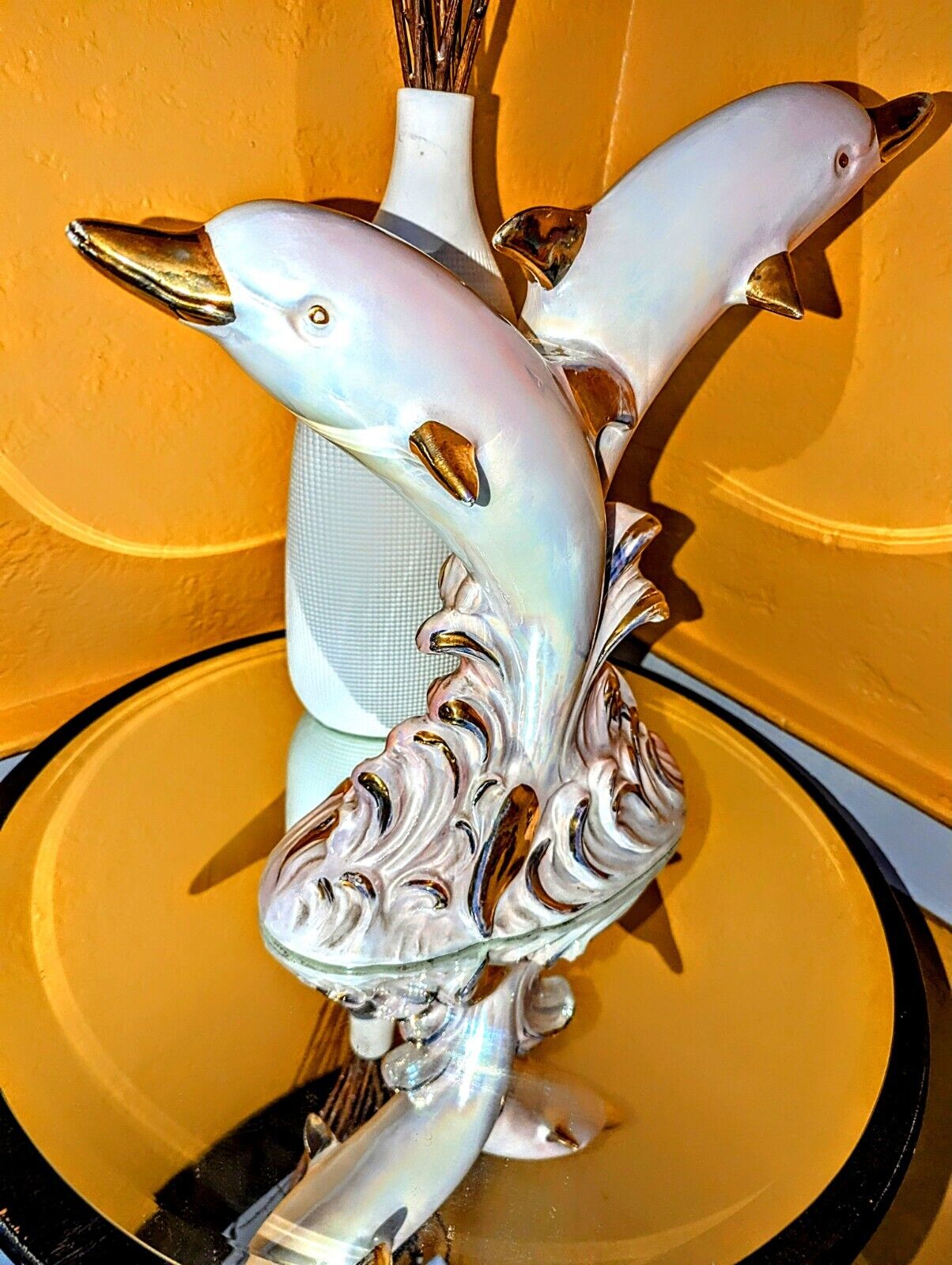 Vintage Glass Porcelain Dolphin Statue Sculpture Glossy Iridescent Finish 