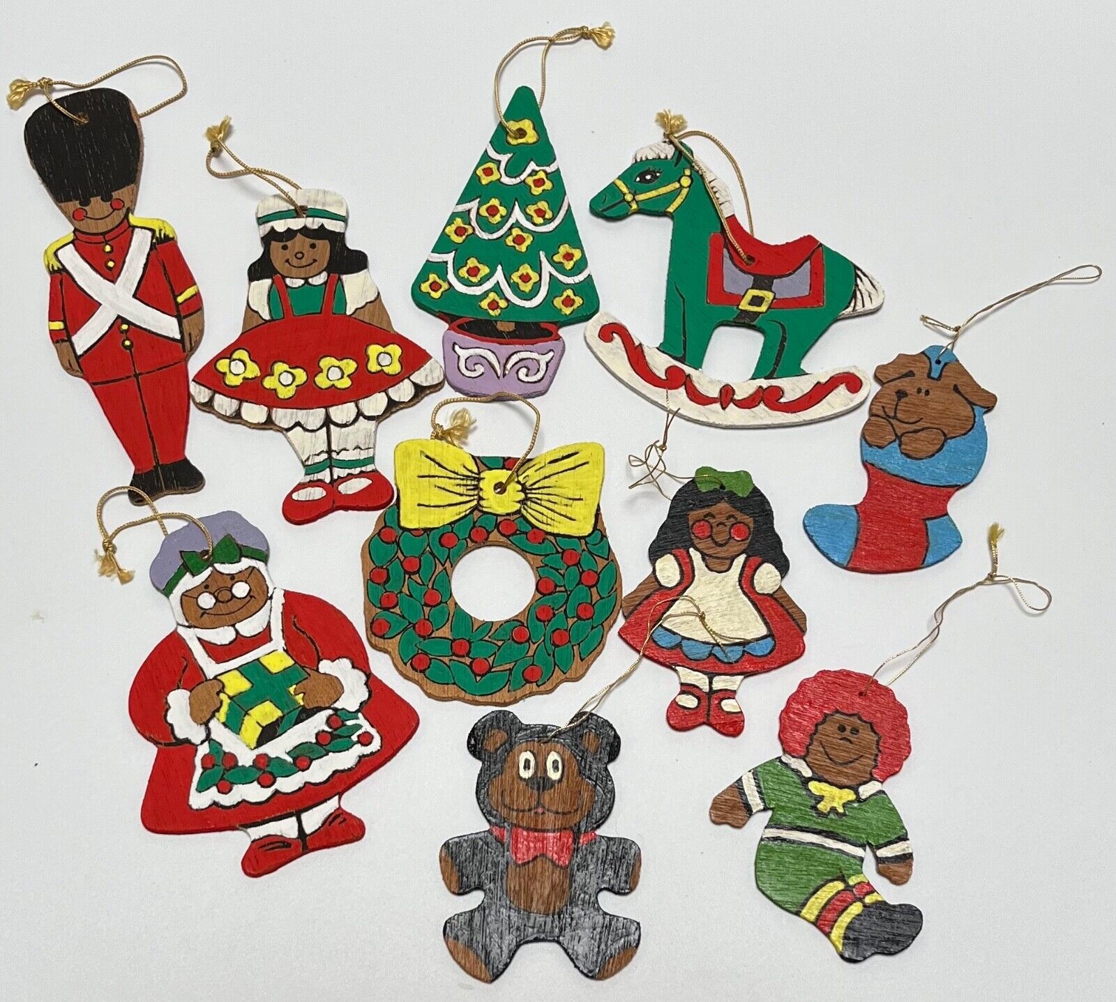 1970s Vintage Lot of 10 Hand Painted Christmas Ornaments Balsa Wood Folk Art #c