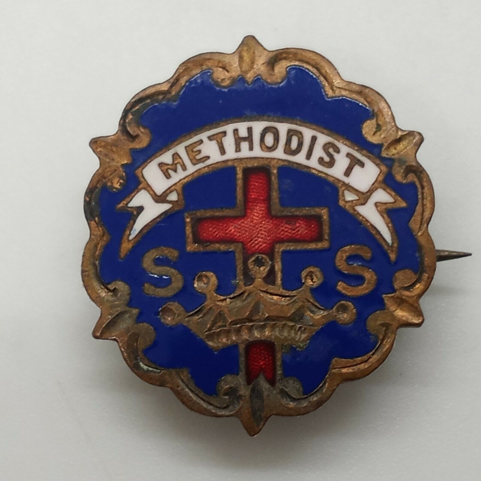 Vintage Blue and Red Enamel METHODIST S.S. SUNDAY SCHOOL Lapel Pin 