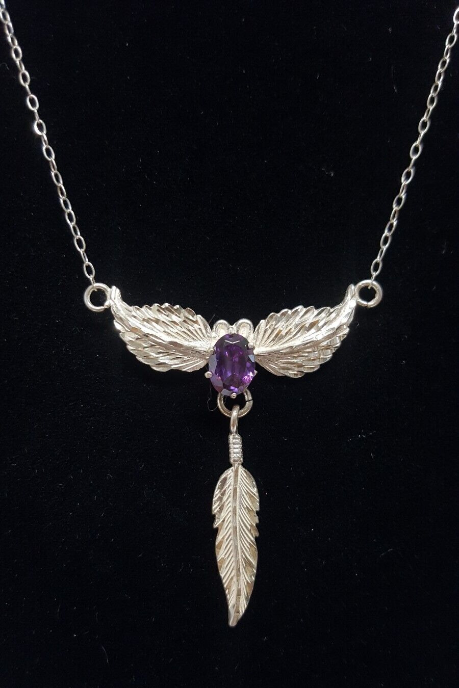 Sterling Silver Amethyst Pendant Necklace Wings Dangle Feather Vtg SW Signed TT