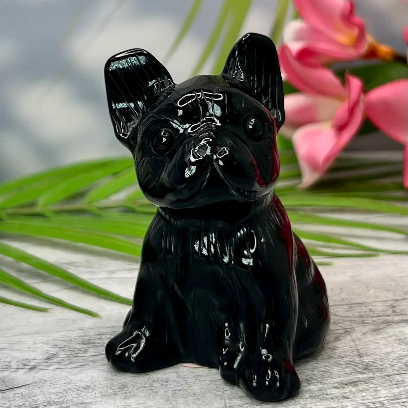 Black Obsidian French Bull Dog Crystal Puppy Carving Australian Seller