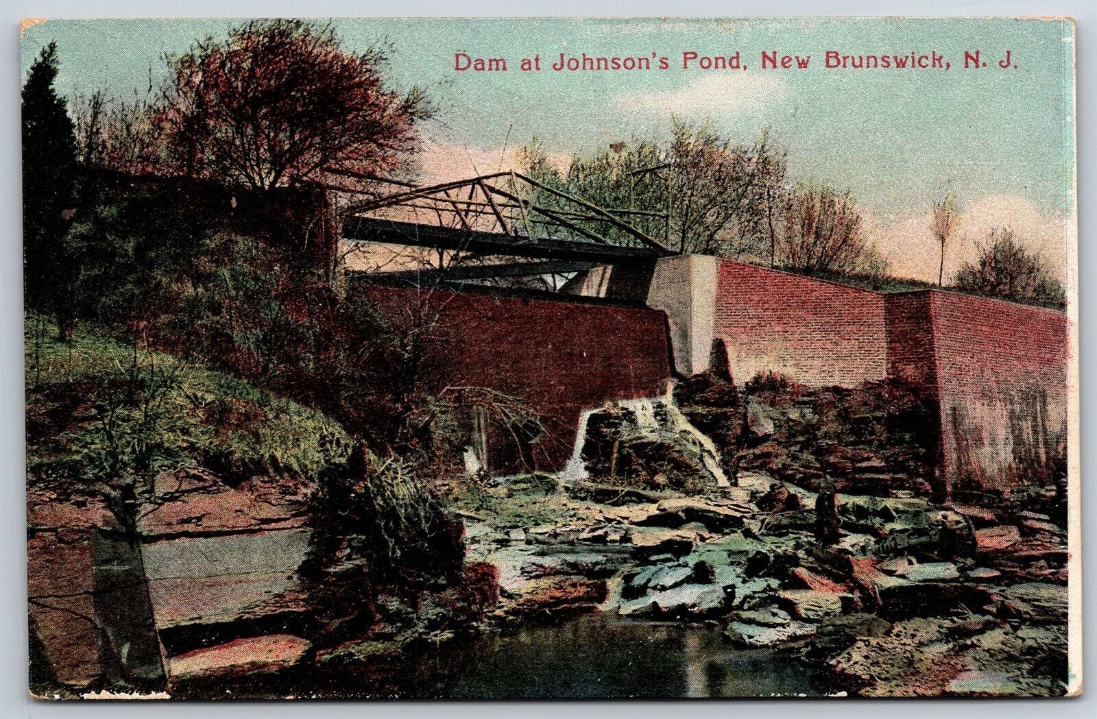 Postcard NJ New Brunswick New Jersey Dam at Johnson\'s Pond c1910s A47