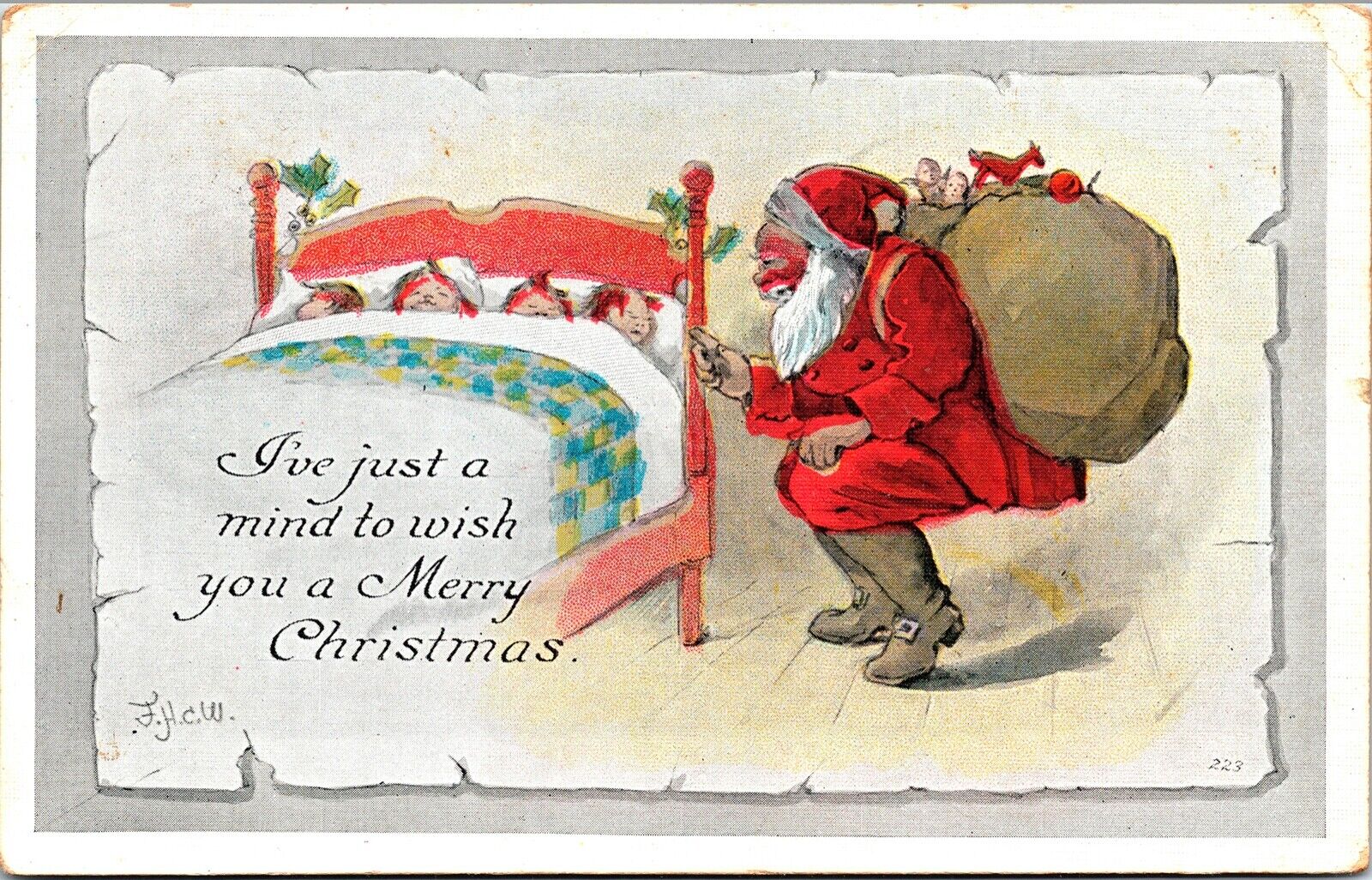 Vintage 1910\'s Santa Claus with Toys Watching Children Sleep Christmas Postcard