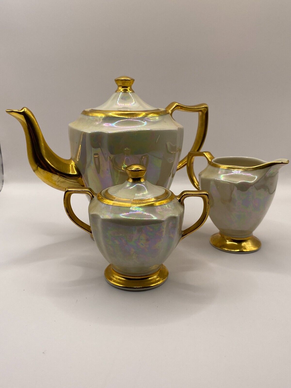 Vintage Kingwood Teapot, Creamer, & Sugar set Cream Color with Gold Trim