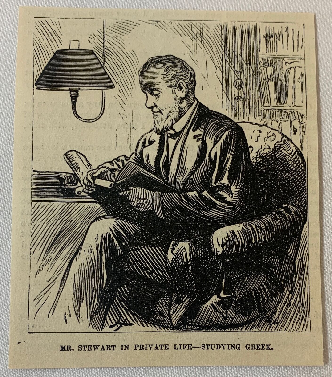 1876 magazine engraving~ ALEXANDER TURNEY STEWART STUDYING GREEK