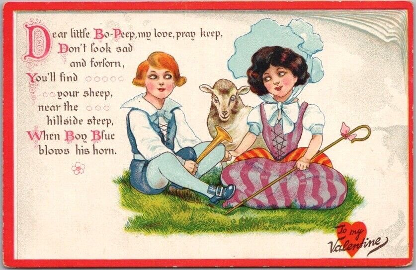 1910s Tuck\'s VALENTINE\'S DAY Postcard LITTLE BO PEEP Mother Goose Nursery Rhyme