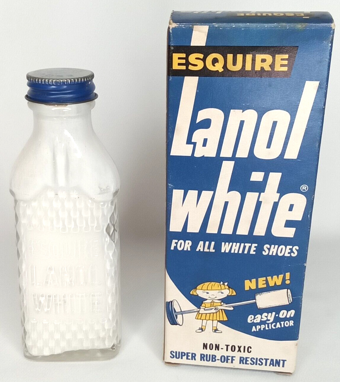 Esquire Lanol White Shoe Polish With Original Box & Glass Bottle 1940s Old Stock