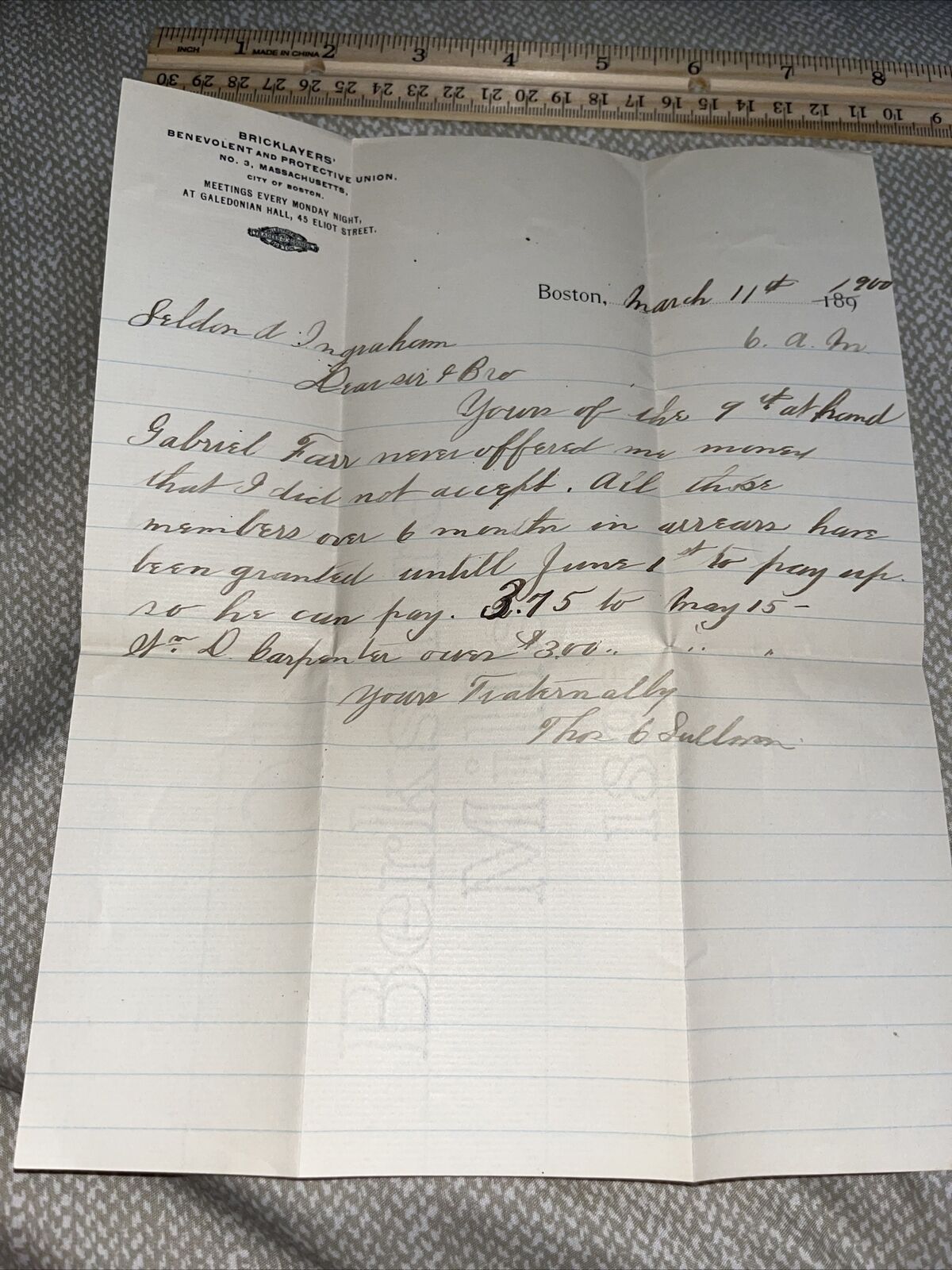 Antique 1900 Boston Massachusetts Letter Bricklayers Benevolent Union Letterhead