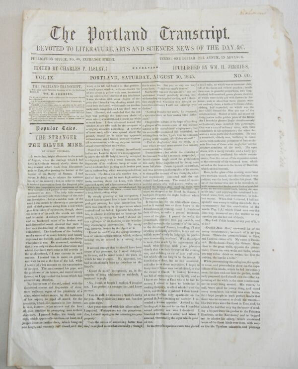 Original August 30, 1845 Portland Transcript- Vintage Maine Newspaper