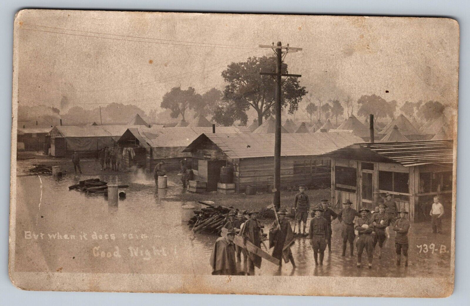 WWI US Army Flooded Camp, When it Does Rain El Paso TX -Real Photo RPPC Postcard